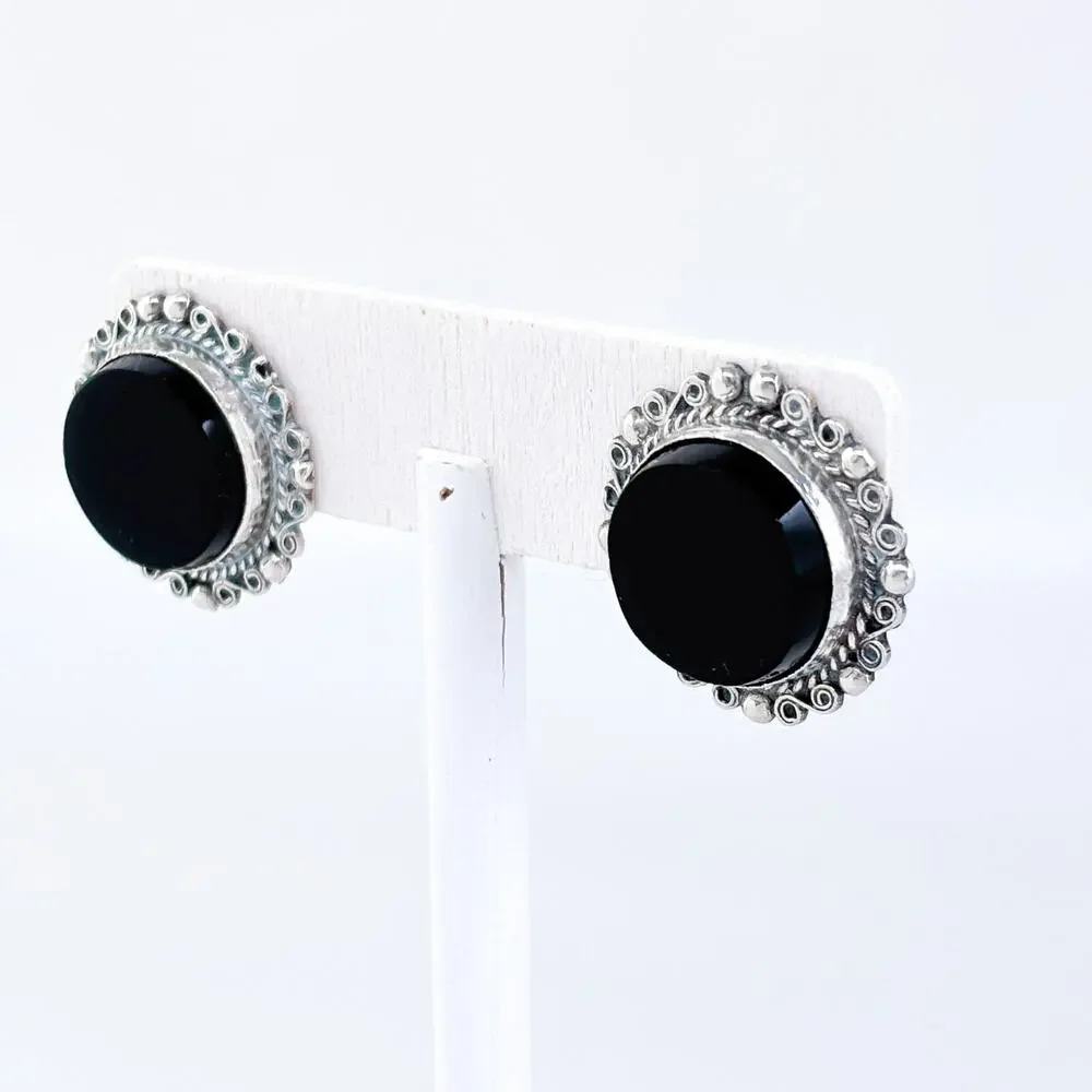 Vintage Mexico Sterling Silver 925 Onyx Clip-On Earrings